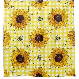 Cute bees and sunflowers on a checkered background shower curtain