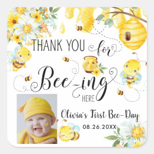 Cute Bees Bee Floral 1st Birthday Favour Photo Square Sticker