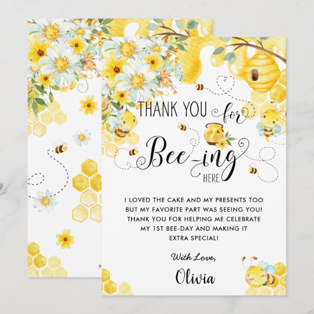 Cute Bees Bee Yellow Ivory Floral Birthday Party Thank You Card (Front/Back)