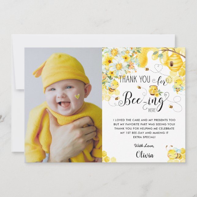 Cute Bees Bee Yellow Ivory Floral Birthday Photo Thank You Card (Front)
