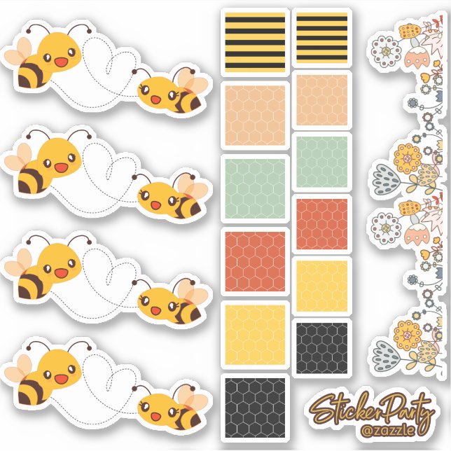Cute Bees Flowers & Honeycomb Sticker Set (Front)