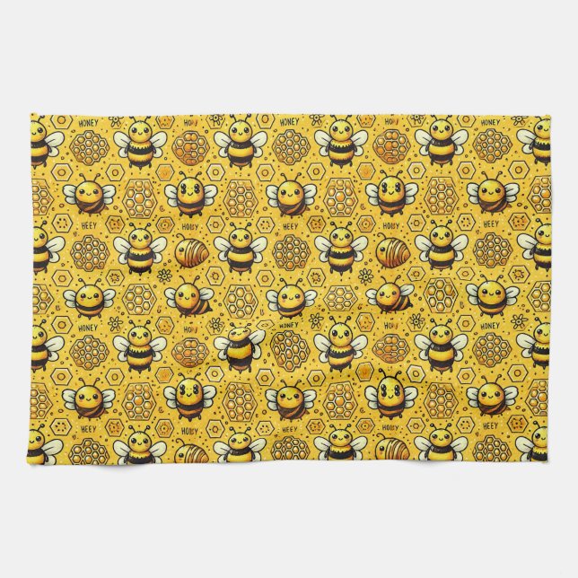🐝 Cute Bees Honeycomb Kitchen Decor 🌼 Tea Towel (Horizontal)