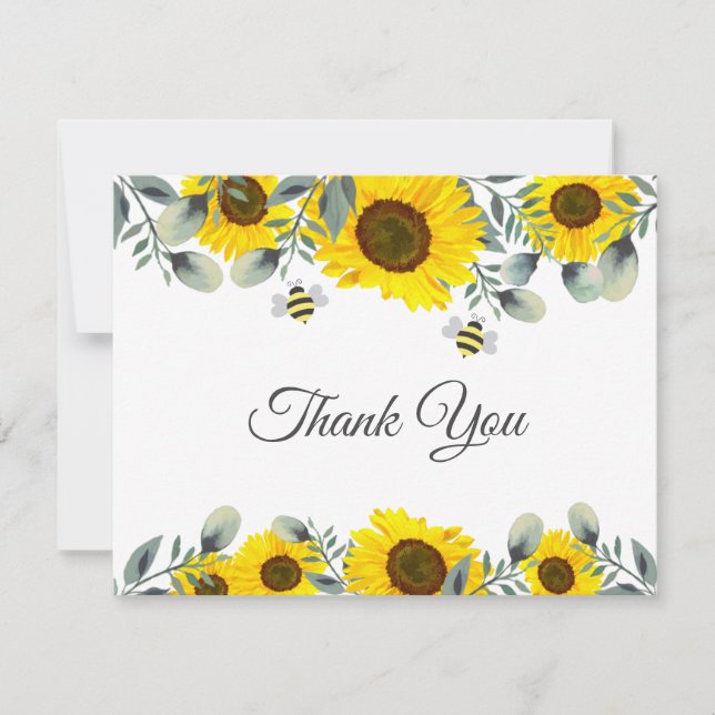 Cute Bees on Sunflowers Baby Shower Thank You Card (Front)