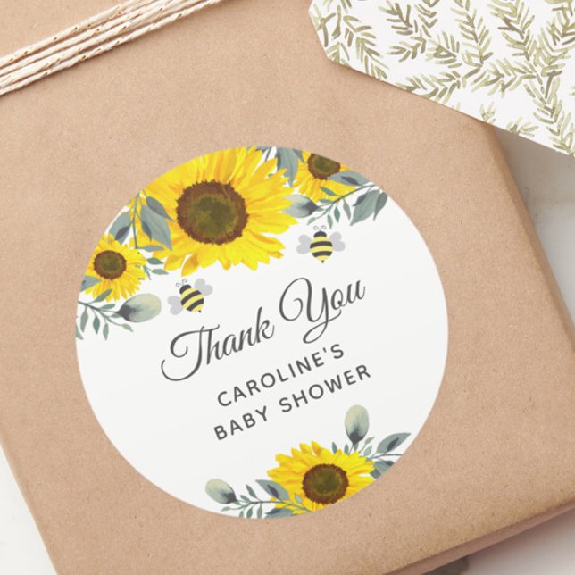 Cute Bees & Sunflowers Eucalyptus Baby Shower Classic Round Sticker (Creator Uploaded)