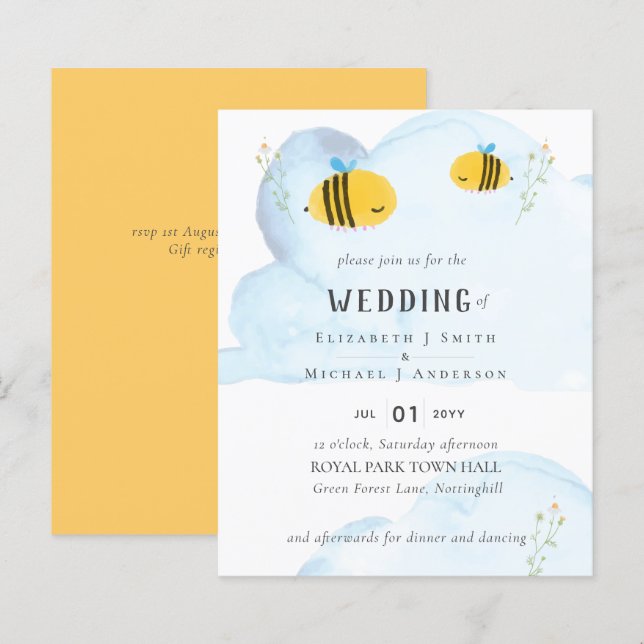 Cute Bees Watercolor Wedding (Front/Back)