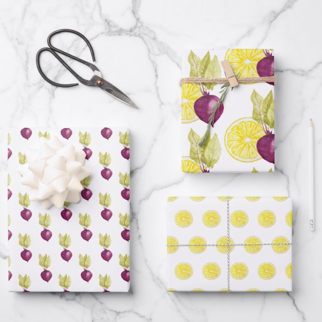 Cute Beets and Lemon Watercolor Pattern Wrapping Paper Sheet (Front)