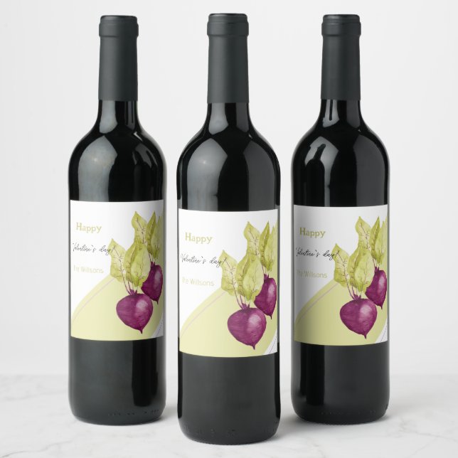 Cute Beets in Love Watercolor Hand-painted Wine Label (Bottles)