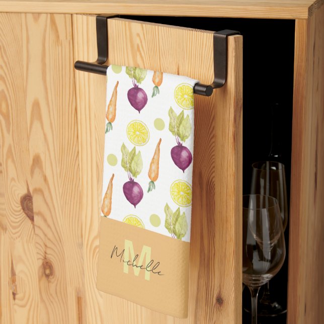 Cute Beets Lemon and Carrots Watercolor Pattern Tea Towel (Thirds Fold)