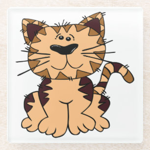 CUTE BEIGE AND BROWN big head CAT Glass Coaster
