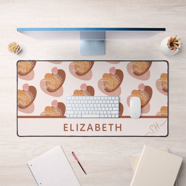 Cute beige brown boho leaves lines pattern initial desk mat (Office 1)
