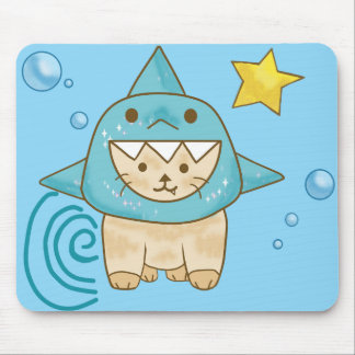 Cute beige cat in shark costume aqua sea themed mouse mat