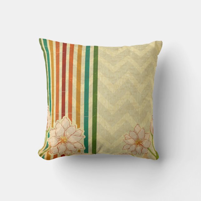 Cute Beige Flowers And Colourful Stripes Cushion (Front)