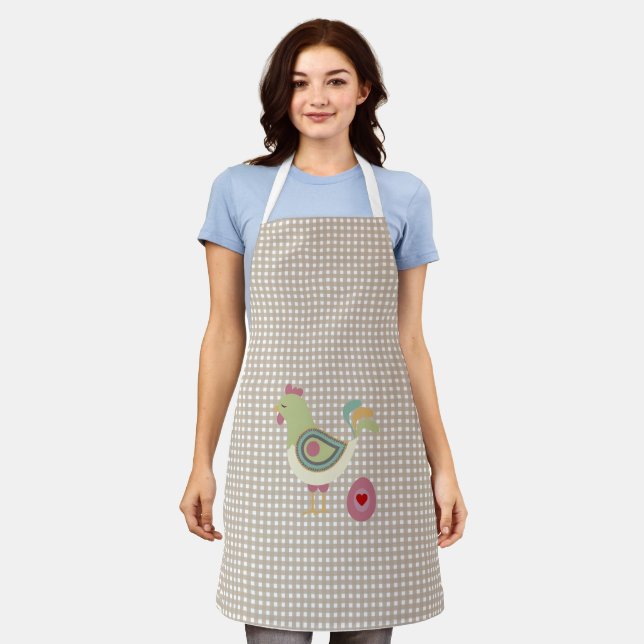 Cute Beige Gingham Chicken Apron  (Worn)