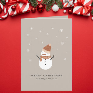 Cute Beige Illustrated Snowman Christmas Card