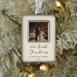 Cute Beige Our First Christmas Photo Silver Plated Framed Ornament<br><div class="desc">A modern typography for this photo ornaments collection. To customise with your favourite picture. You can also easily change the background colour.</div>