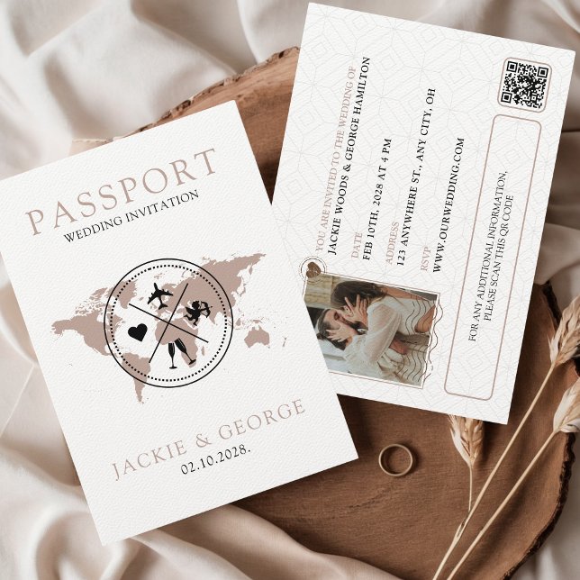 Cute Beige Passport Unique Destination Wedding Invitation (Destination Wedding Passport Budget Friendly Invitation Beige Minimalist Elegant Aesthetic Travel)
