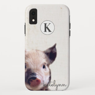 Cute Beige Peek-a-Boo Piglet Photograph Monogram iPhone XR Case