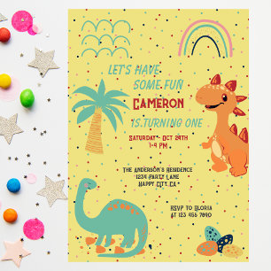 Cute Beige Rainbow Dinosaur 1st Birthday Party Invitation
