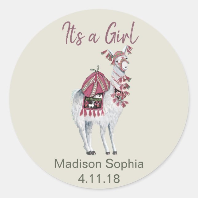 Cute beige stylish llama baby shower classic round sticker (Front)