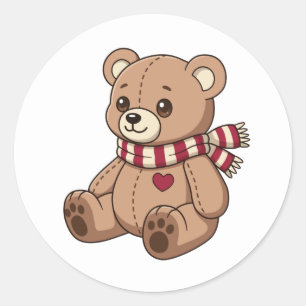 Cute Beige Teddy Bear with Striped Scarf Classic Round Sticker