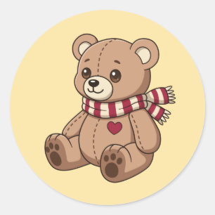 Cute Beige Teddy Bear with Striped Scarf Yellow Classic Round Sticker