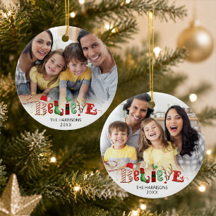 Cute BELIEVE Christmas Spirit Typography 2 Photo O Ceramic Tree Decoration