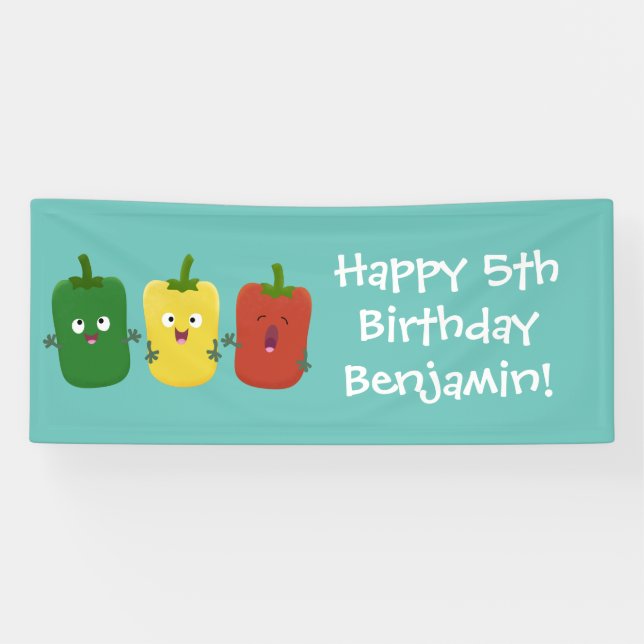 Cute bell pepper capsicum trio singing cartoon  banner (Horizontal)