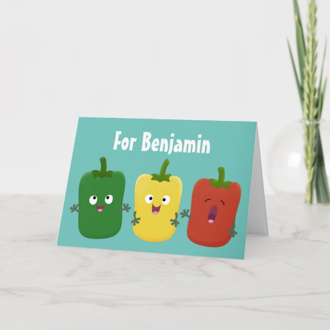 Cute bell pepper capsicum trio singing cartoon  card (Front)