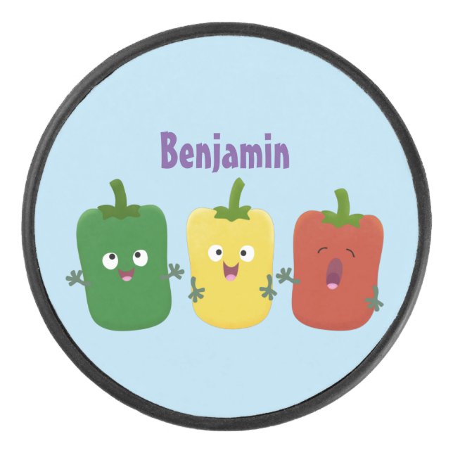 Cute bell pepper capsicum trio singing cartoon hockey puck (Front)