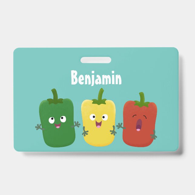 Cute bell pepper capsicum trio singing cartoon ID badge (Front)