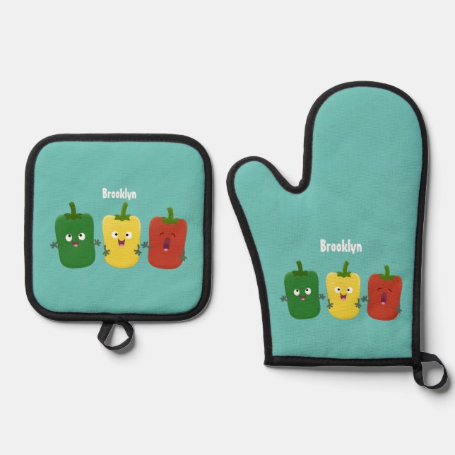 Cute bell pepper capsicum trio singing cartoon oven mitt & pot holder set (Front)