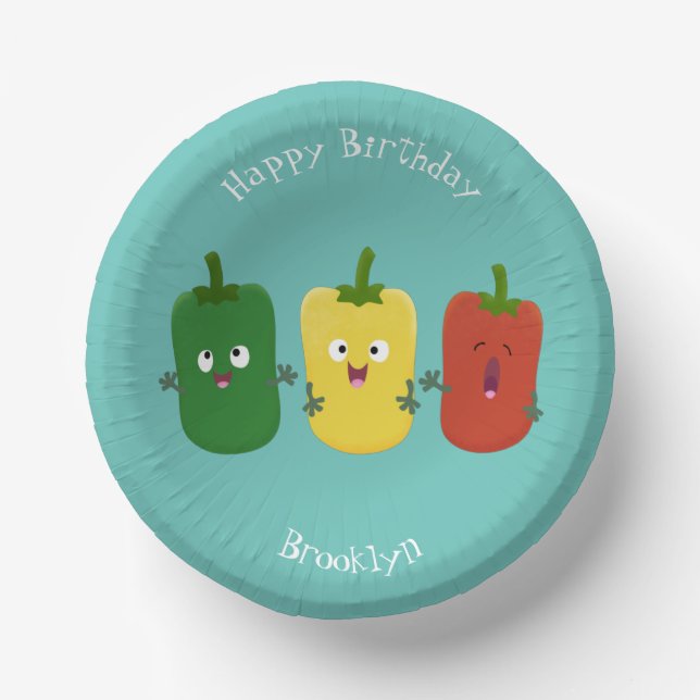 Cute bell pepper capsicum trio singing cartoon  paper plate (Front)