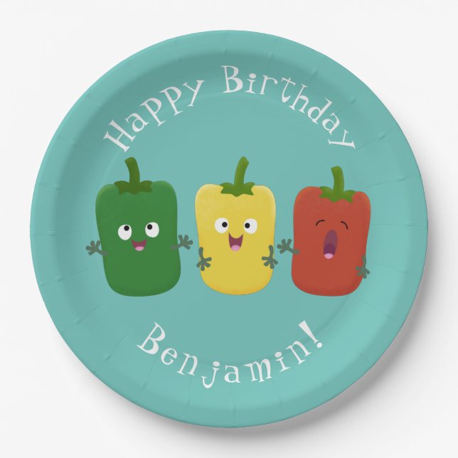 Cute bell pepper capsicum trio singing cartoon  paper plate (Front)