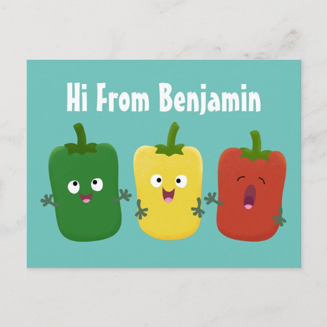 Cute bell pepper capsicum trio singing cartoon postcard (Front)