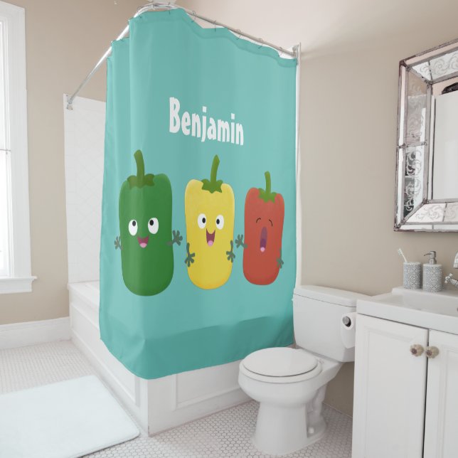 Cute bell pepper capsicum trio singing cartoon shower curtain (In Situ)