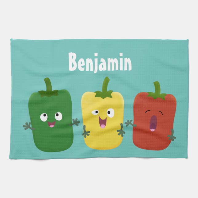 Cute bell pepper capsicum trio singing cartoon tea towel (Horizontal)