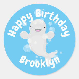 Cute beluga whale bubbles cartoon birthday classic round sticker
