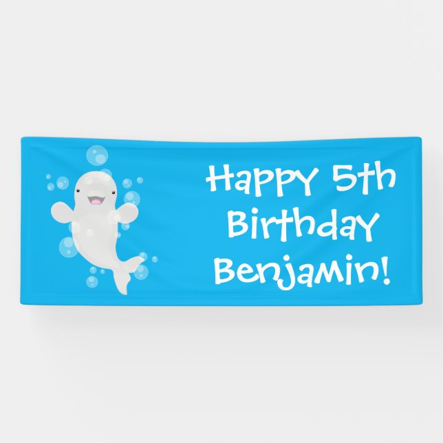 Cute beluga whale bubbles cartoon illustration banner (Horizontal)
