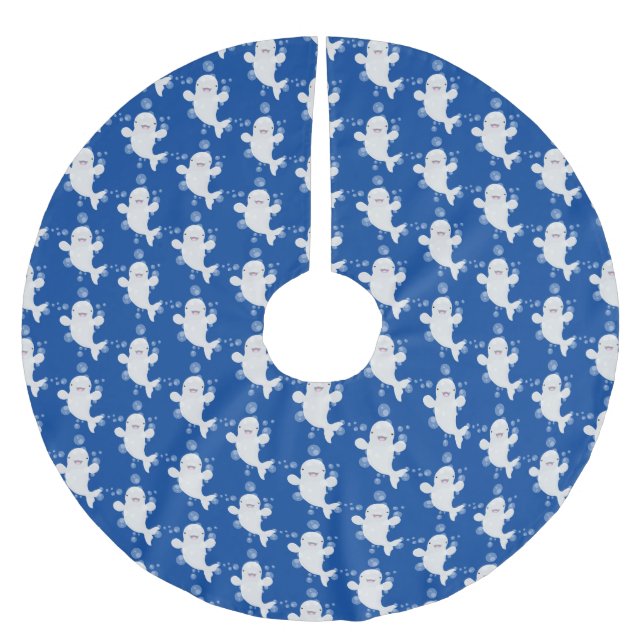Cute beluga whale bubbles cartoon illustration brushed polyester tree skirt (Front)