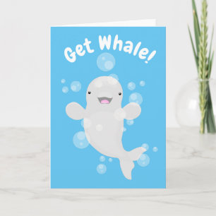 Cute beluga whale bubbles cartoon illustration card