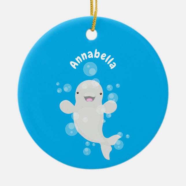 Cute beluga whale bubbles cartoon illustration ceramic tree decoration (Front)