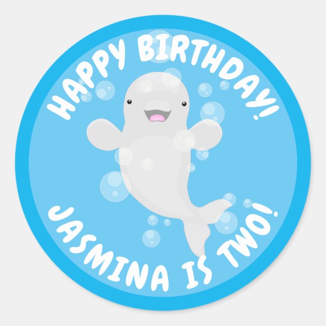 Cute beluga whale bubbles cartoon illustration classic round sticker (Front)