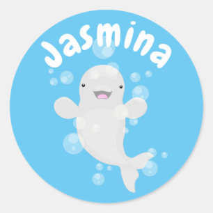 Cute beluga whale bubbles cartoon illustration classic round sticker
