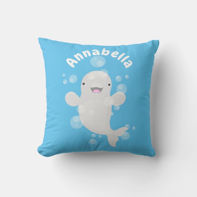 Cute beluga whale bubbles cartoon illustration cushion (Front)