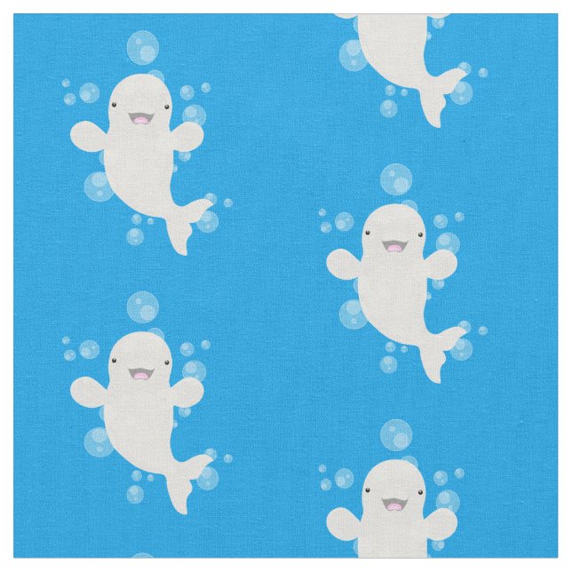 Cute beluga whale bubbles cartoon illustration fabric (Close Up)
