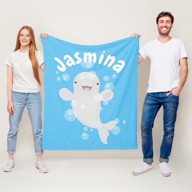 Cute beluga whale bubbles cartoon illustration fleece blanket (In Situ)