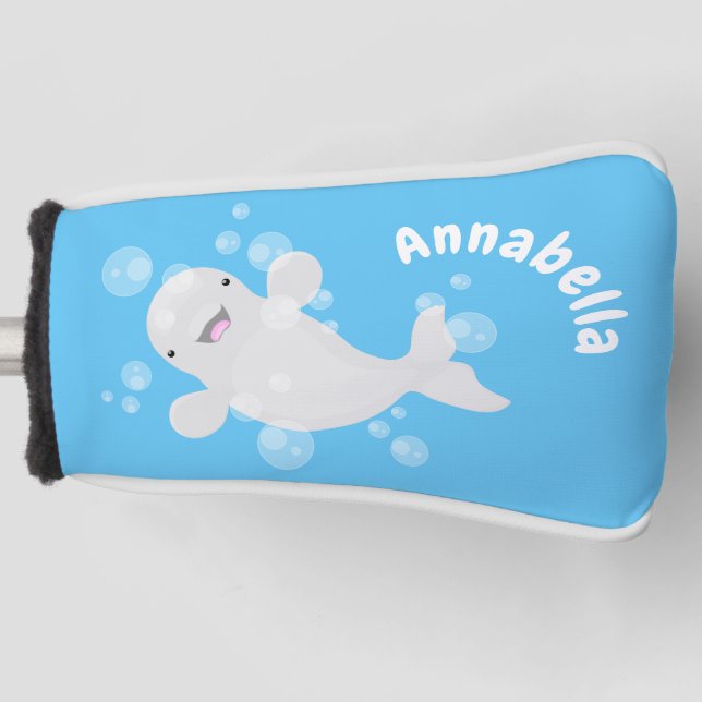 Cute beluga whale bubbles cartoon illustration golf head cover (Front)