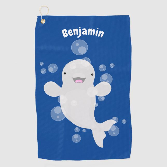 Cute beluga whale bubbles cartoon illustration golf towel (Front)