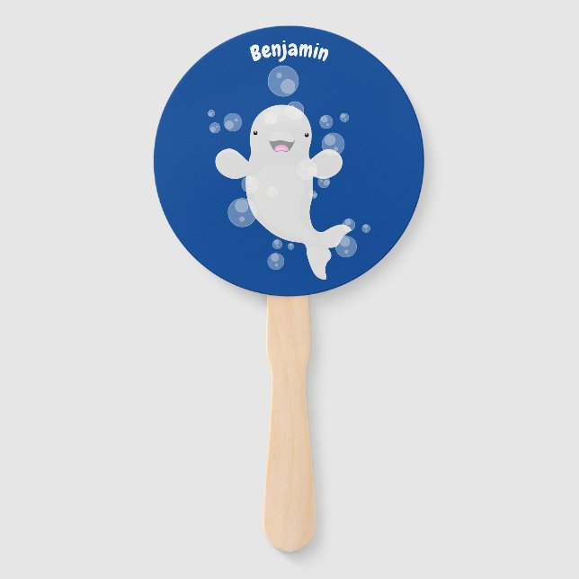 Cute beluga whale bubbles cartoon illustration hand fan (Front)