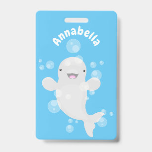 Cute beluga whale bubbles cartoon illustration ID badge